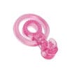 Pink plastic teething ring with textured surface.