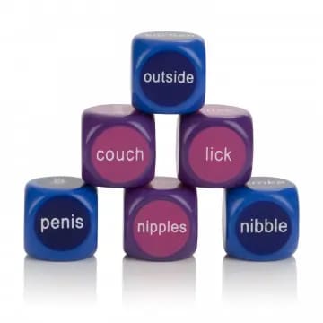 A set of six dice with suggestive words.