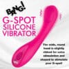 Pink silicone G-spot vibrator on white background.