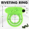 Green "Bang" silicone penis ring with measurements.