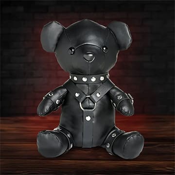 Black leather teddy bear with harness.