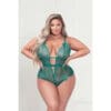 A woman in a green lace bodysuit.