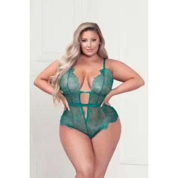 A woman in a green lace bodysuit.