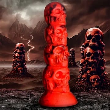 A stack of red skull sculptures.