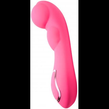 A pink vibrator is shown with a white background.