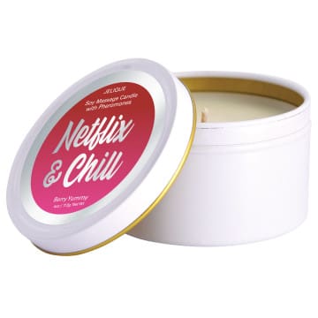 Netflix and Chill scented candle in a tin.