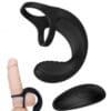 A black strap on with a large dildo and a small black object