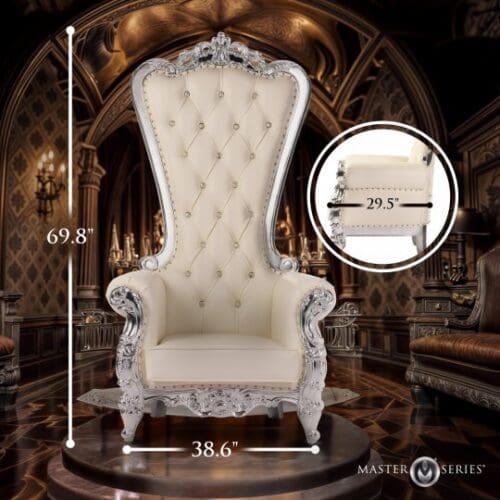 White and silver throne chair with ornate details.