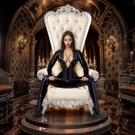 Woman in leather sits on throne.