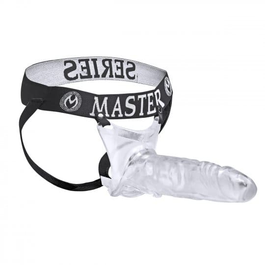 Clear silicone dildo with harness.