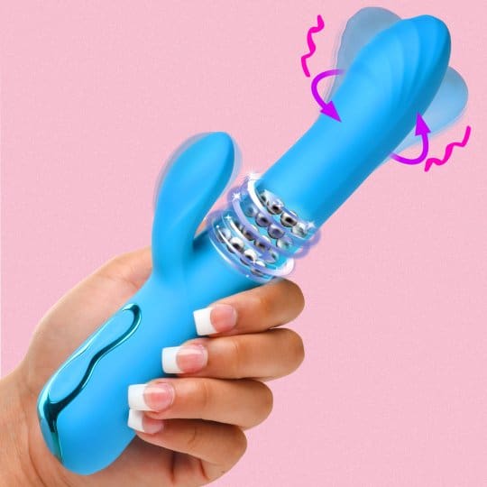 Blue vibrating toy with rotating beads.