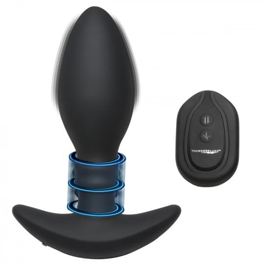 Black remote-controlled vibrating butt plug.