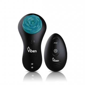 Black and teal intimate toy with remote.