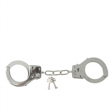 Silver handcuffs with keys on a white background.