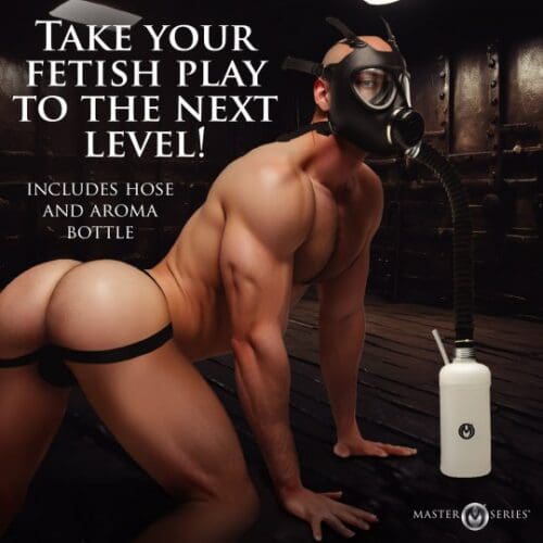 A man with gas mask on and hose attached to his mouth.