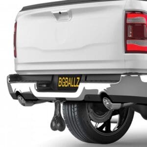 White pickup truck with a funny license plate.