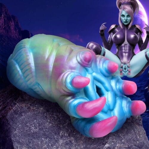 A blue and pink monster claw with a woman in the background.