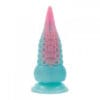 A blue and pink condom with the top of it.