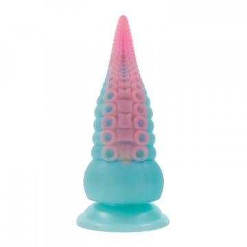 A blue and pink condom with the top of it.