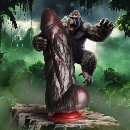 A gorilla is standing on top of a pole.