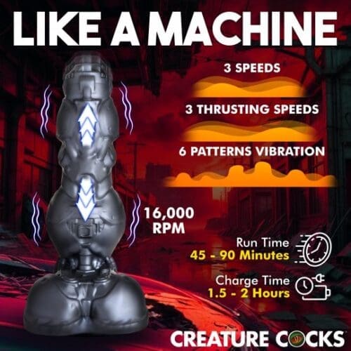 A graphic of the features of creature cocks like a machine.
