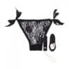 A black lace thong with two bows on the side.