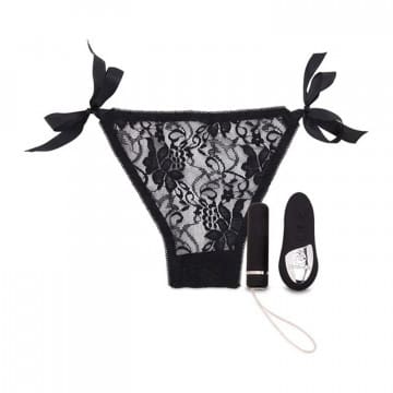 A black lace thong with two bows on the side.