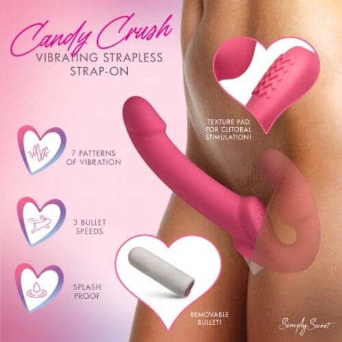 A pink and white graphic with instructions on how to use the candy crush vibrating strap-ons.