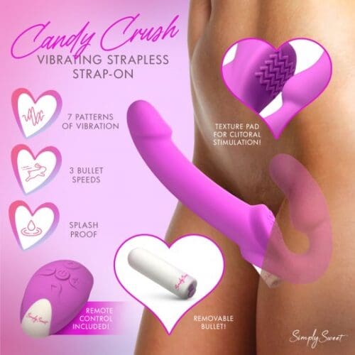 A pink and purple poster with instructions for the candy crush vibrating strap on.