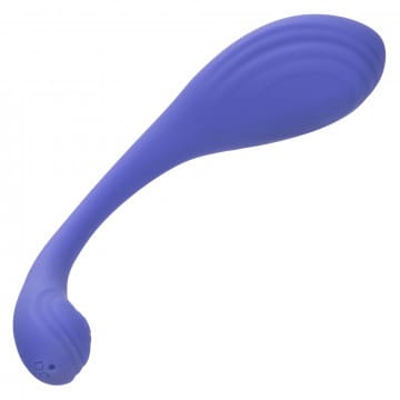 A blue plastic spoon with no handle.