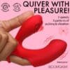 A red vibrator is being held up to show the pattern of its motion.