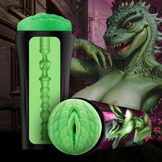 A green and black container with a dragon on it
