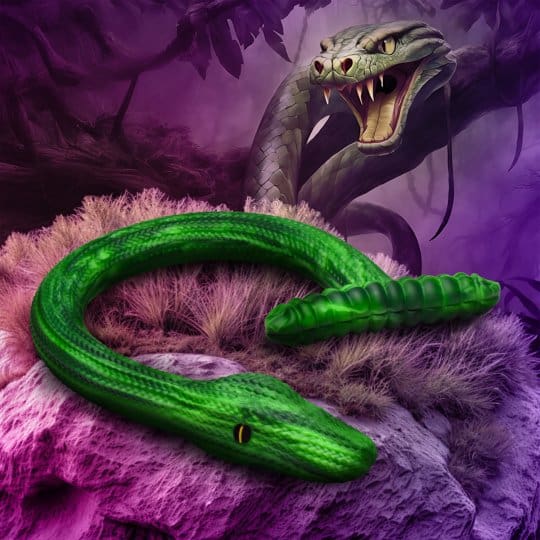 A green snake is sitting on some purple and pink flowers