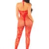Woman in red lace bodysuit, back view.